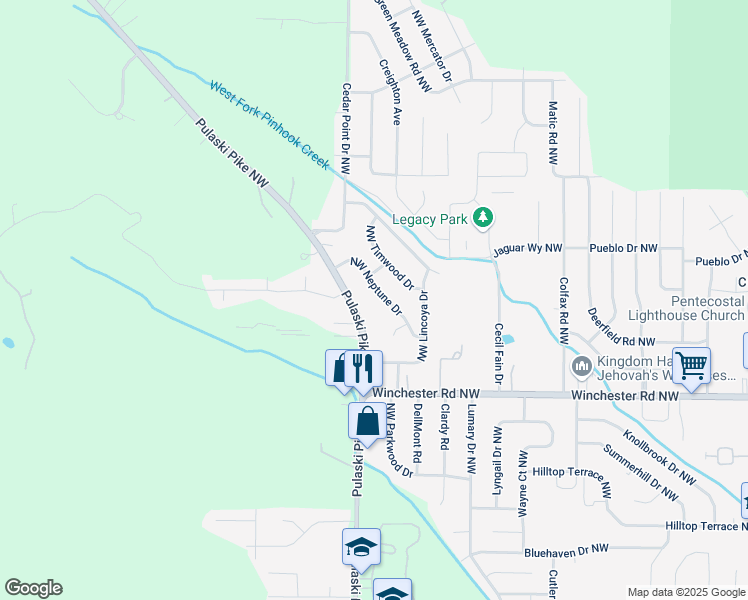 map of restaurants, bars, coffee shops, grocery stores, and more near 3923 Northwest Neptune Drive in Huntsville