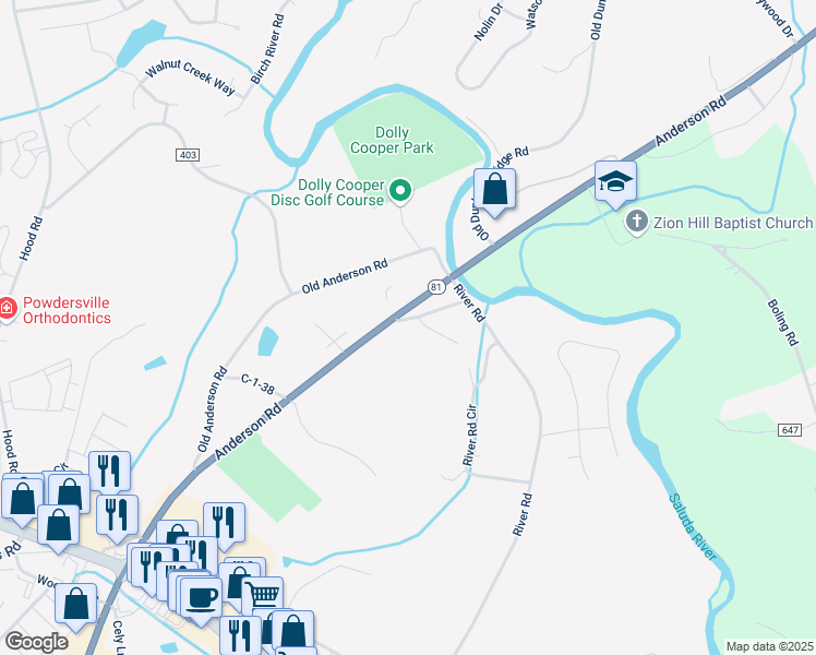 map of restaurants, bars, coffee shops, grocery stores, and more near 11801 Anderson Road in Powdersville