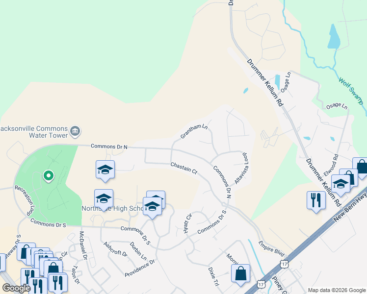 map of restaurants, bars, coffee shops, grocery stores, and more near 102 Grantham Lane in Jacksonville