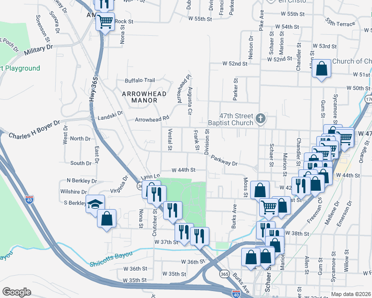 map of restaurants, bars, coffee shops, grocery stores, and more near 4521 Augusta Street in North Little Rock