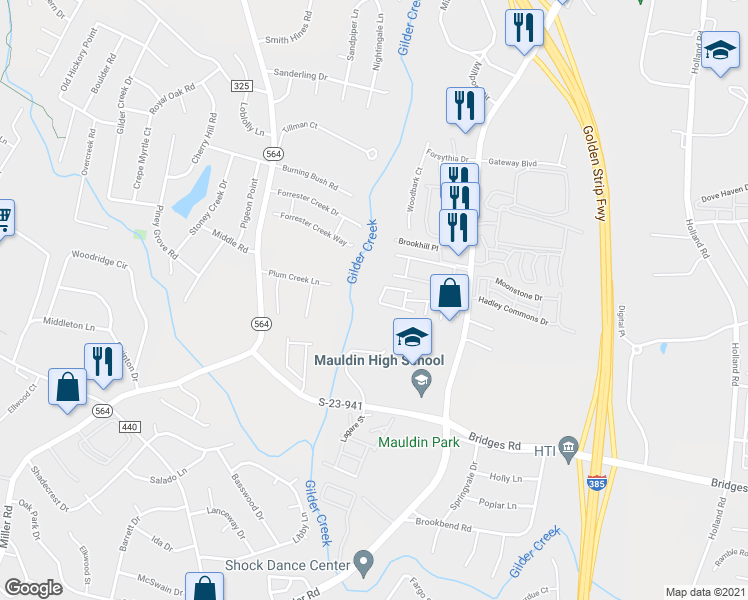 map of restaurants, bars, coffee shops, grocery stores, and more near 442 Canewood Place in Mauldin