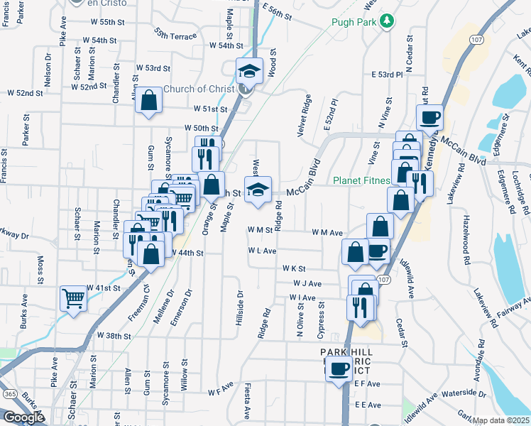 map of restaurants, bars, coffee shops, grocery stores, and more near 4601 Ridge Road in North Little Rock