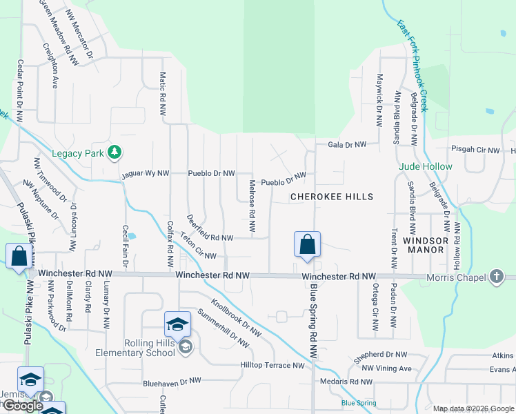 map of restaurants, bars, coffee shops, grocery stores, and more near 6113 Melrose Road Northwest in Huntsville