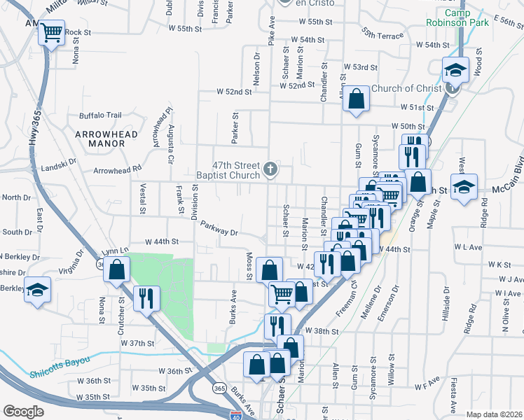 map of restaurants, bars, coffee shops, grocery stores, and more near 4611 Pike Avenue in North Little Rock