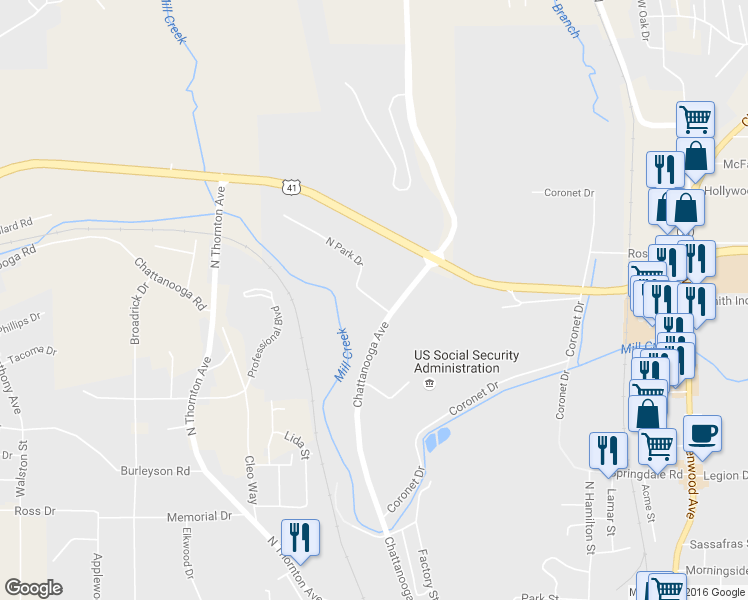 map of restaurants, bars, coffee shops, grocery stores, and more near 711 Chattanooga Ave Exn in Dalton