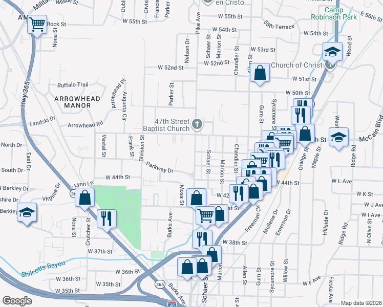 map of restaurants, bars, coffee shops, grocery stores, and more near 4611 Pike Avenue in North Little Rock