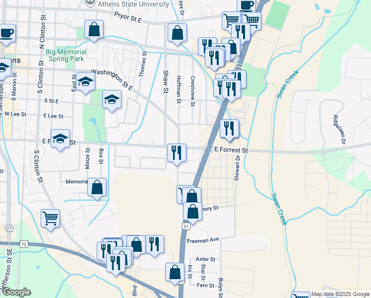 map of restaurants, bars, coffee shops, grocery stores, and more near 1102 County Road 44 in Athens