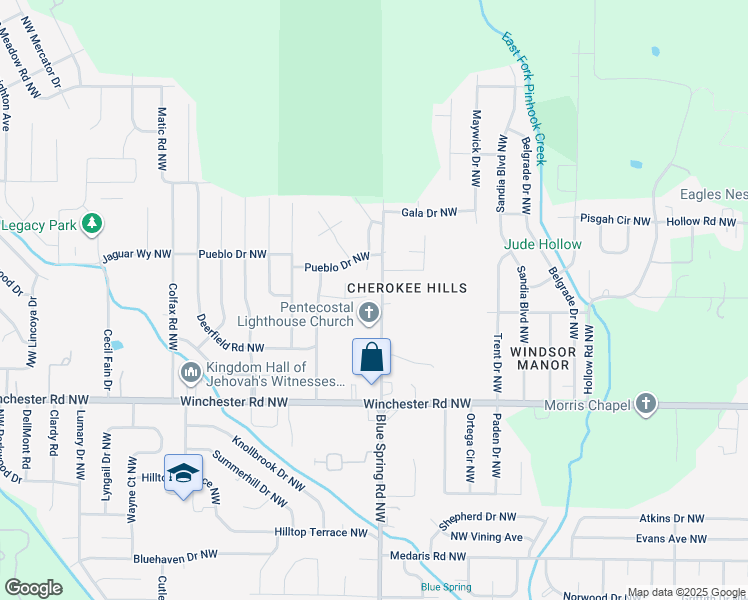 map of restaurants, bars, coffee shops, grocery stores, and more near 6101 Geronimo Circle Northwest in Huntsville