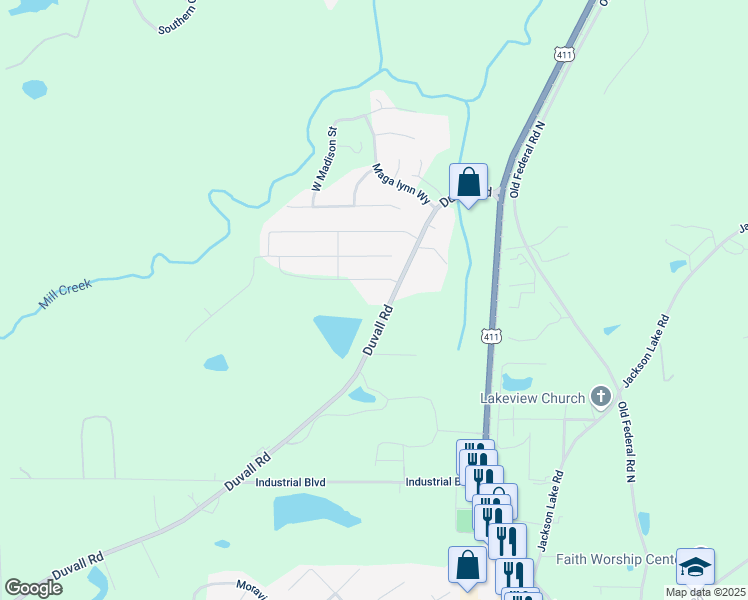 map of restaurants, bars, coffee shops, grocery stores, and more near 1541 Duvall Road in Chatsworth