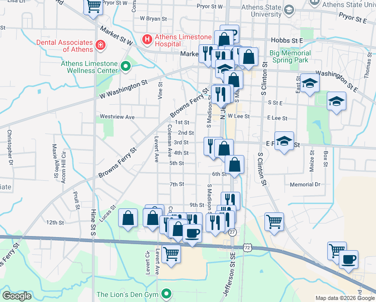 map of restaurants, bars, coffee shops, grocery stores, and more near 601 3rd Street in Athens