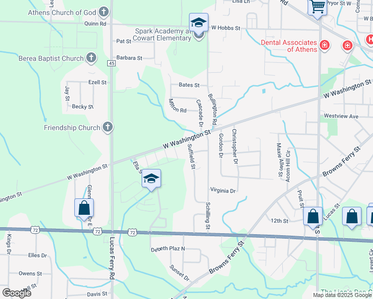map of restaurants, bars, coffee shops, grocery stores, and more near 1307 West Washington Street in Athens