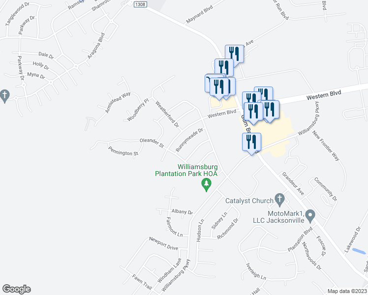 map of restaurants, bars, coffee shops, grocery stores, and more near 104 Runnymeade Drive in Jacksonville