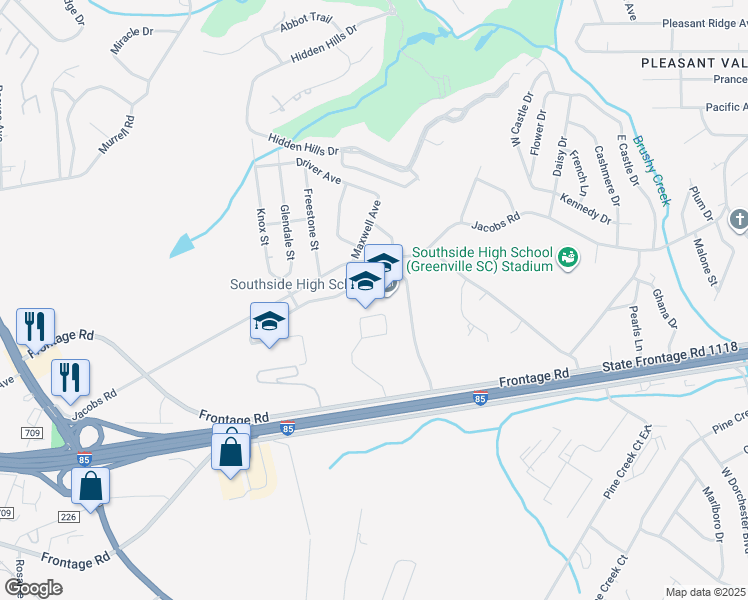 map of restaurants, bars, coffee shops, grocery stores, and more near Frontage Road in Gantt