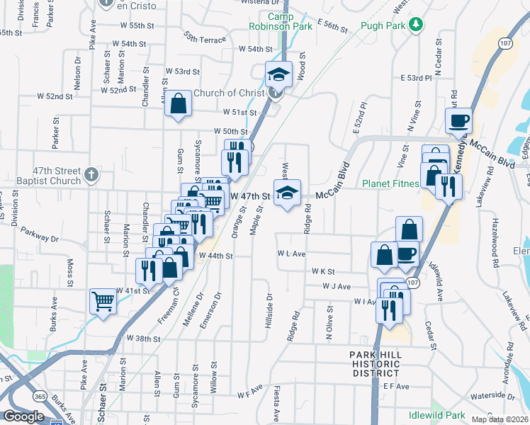 map of restaurants, bars, coffee shops, grocery stores, and more near 4624 Maple Street in North Little Rock