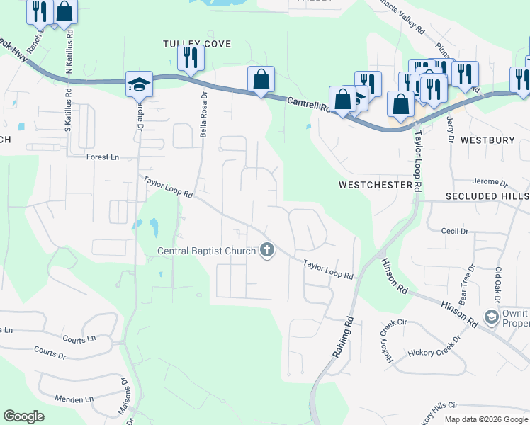map of restaurants, bars, coffee shops, grocery stores, and more near 15507 Heatherstone Point in Little Rock