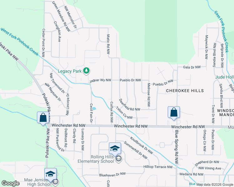 map of restaurants, bars, coffee shops, grocery stores, and more near 3215 Deerfield Road Northwest in Huntsville