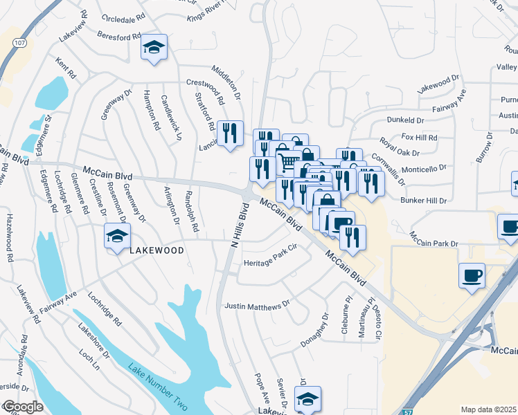 map of restaurants, bars, coffee shops, grocery stores, and more near 2500 McCain Boulevard in North Little Rock