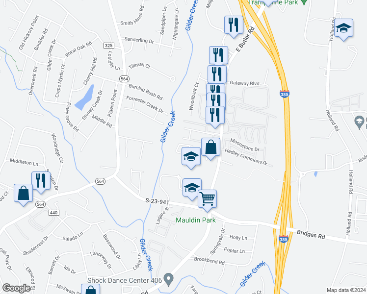 map of restaurants, bars, coffee shops, grocery stores, and more near 413 Canewood Place in Mauldin