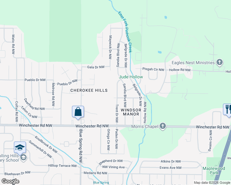 map of restaurants, bars, coffee shops, grocery stores, and more near 6106 Trent Drive Northwest in Huntsville