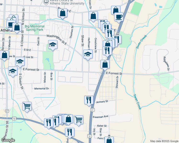 map of restaurants, bars, coffee shops, grocery stores, and more near 1102 County Road 44 in Athens