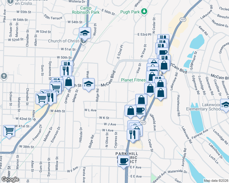 map of restaurants, bars, coffee shops, grocery stores, and more near 4513 North Cypress Street in North Little Rock