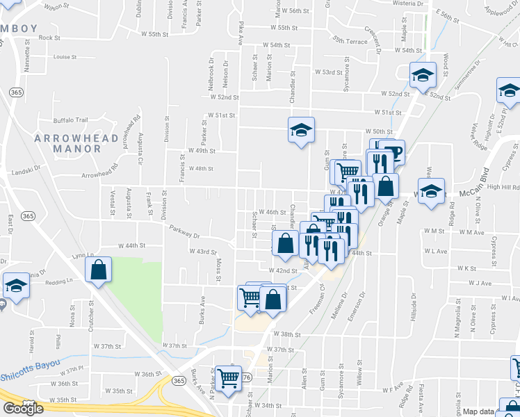 map of restaurants, bars, coffee shops, grocery stores, and more near 4605 Schaer Street in North Little Rock