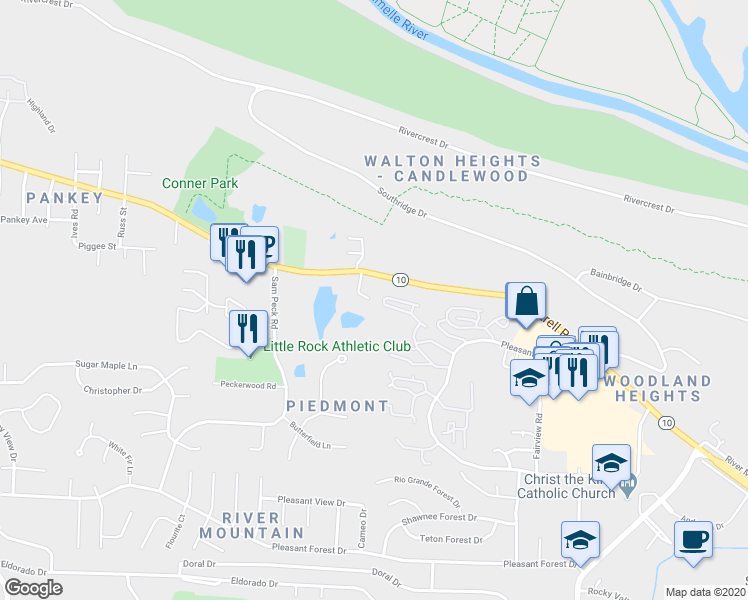 map of restaurants, bars, coffee shops, grocery stores, and more near 12401 Cantrell Road in Little Rock