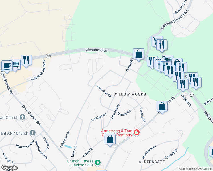 map of restaurants, bars, coffee shops, grocery stores, and more near 705 Dennis Road in Jacksonville