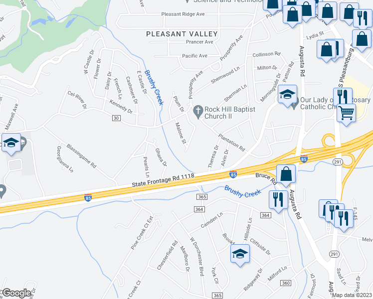 map of restaurants, bars, coffee shops, grocery stores, and more near 33 Dunlap Drive in Greenville