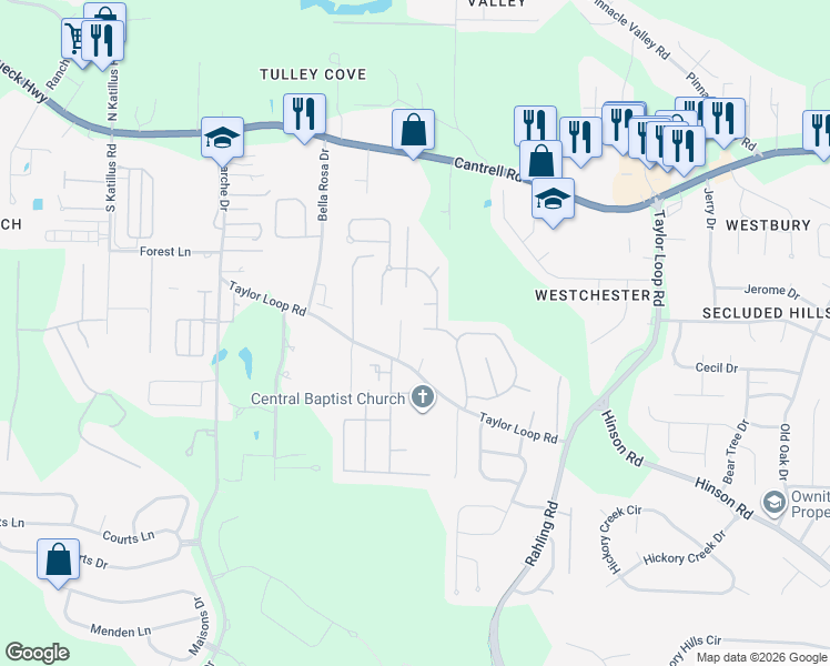 map of restaurants, bars, coffee shops, grocery stores, and more near 15507 Heatherstone Point in Little Rock