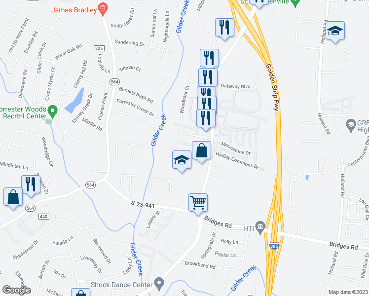 map of restaurants, bars, coffee shops, grocery stores, and more near 300 Canewood Place in Mauldin