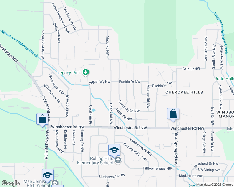 map of restaurants, bars, coffee shops, grocery stores, and more near 3215 Deerfield Road Northwest in Huntsville