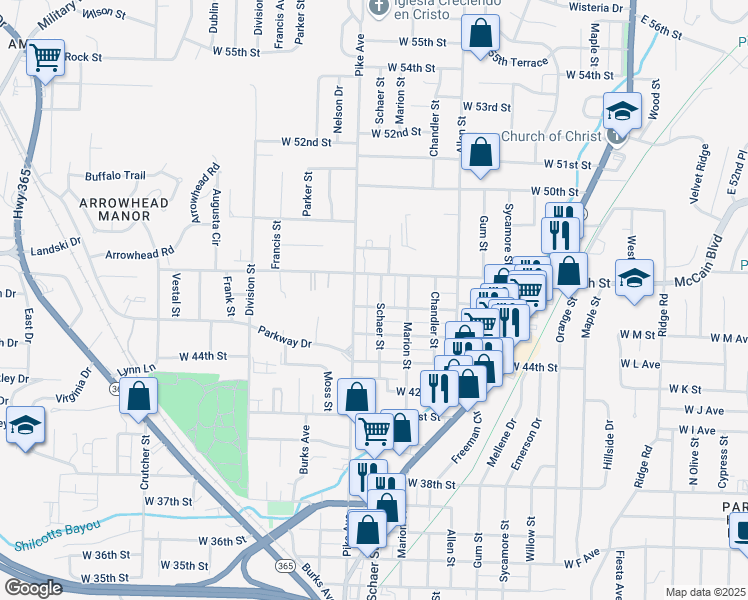 map of restaurants, bars, coffee shops, grocery stores, and more near 4605 Schaer Street in North Little Rock