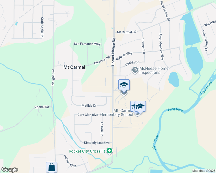 map of restaurants, bars, coffee shops, grocery stores, and more near 105 Peterson Place in Huntsville