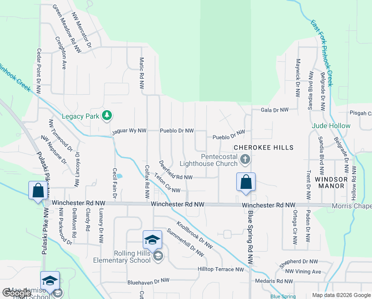 map of restaurants, bars, coffee shops, grocery stores, and more near 6116 Valley Park Drive Northwest in Huntsville