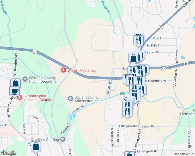 map of restaurants, bars, coffee shops, grocery stores, and more near U.S. 41 in Dalton