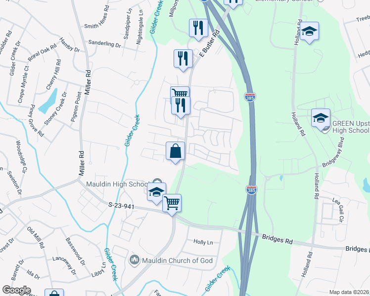 map of restaurants, bars, coffee shops, grocery stores, and more near 110 Alburn Top Lane in Mauldin