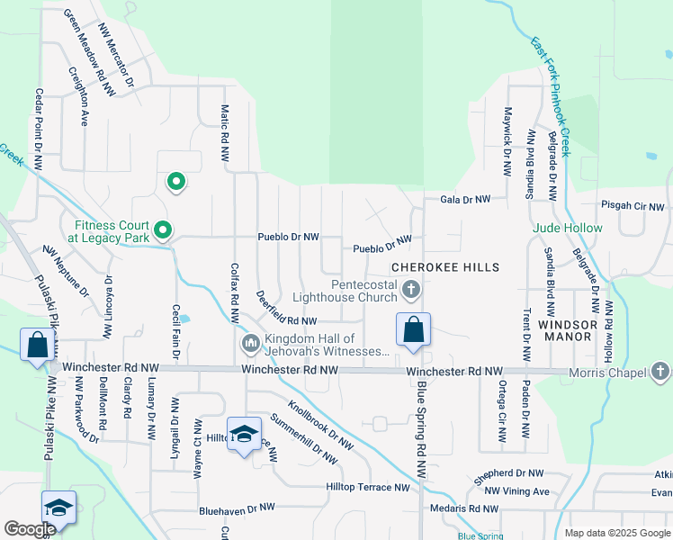 map of restaurants, bars, coffee shops, grocery stores, and more near 6113 Melrose Road Northwest in Huntsville