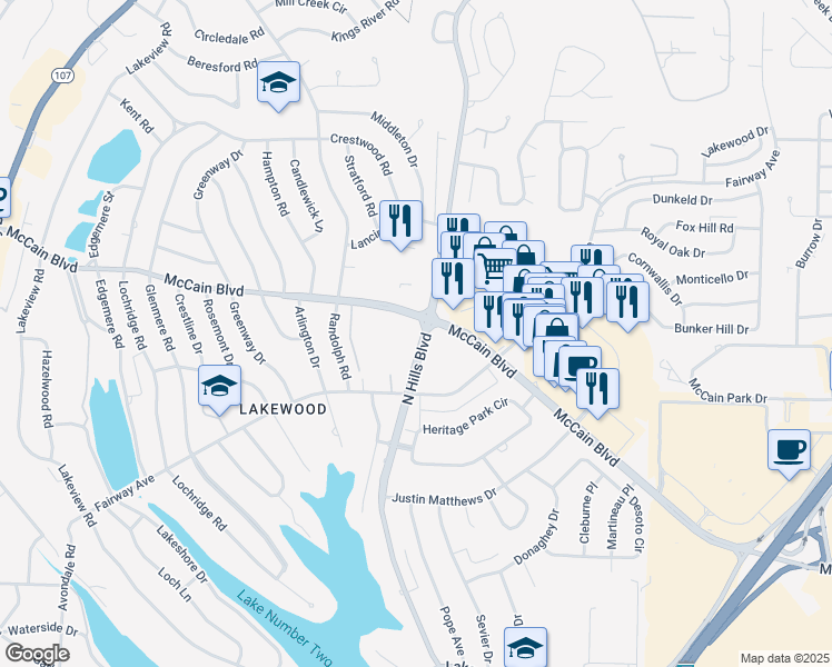 map of restaurants, bars, coffee shops, grocery stores, and more near 4645 North Hills Boulevard in North Little Rock