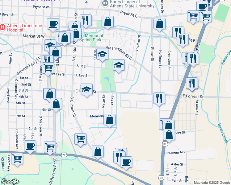 map of restaurants, bars, coffee shops, grocery stores, and more near 517 Julian Newman Drive in Athens