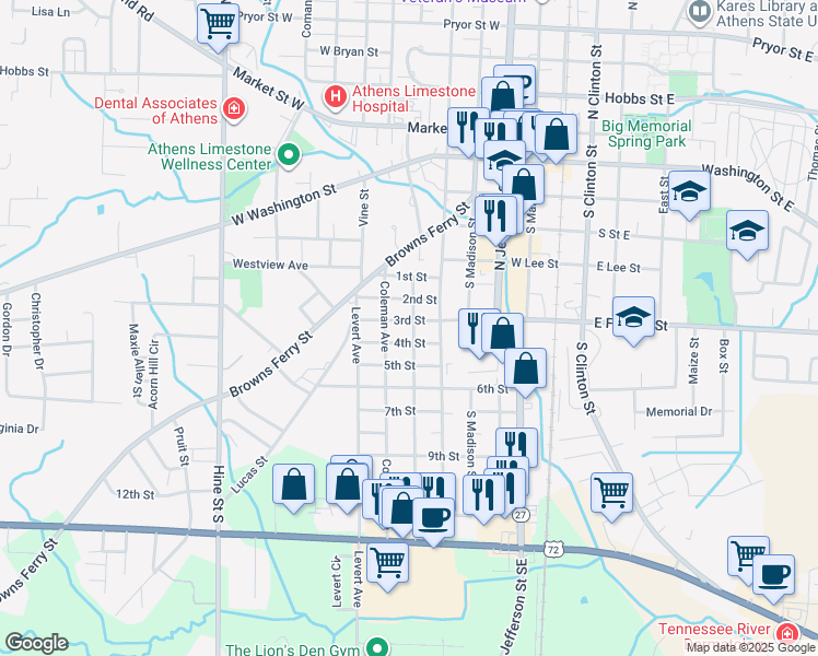 map of restaurants, bars, coffee shops, grocery stores, and more near 601 3rd Street in Athens