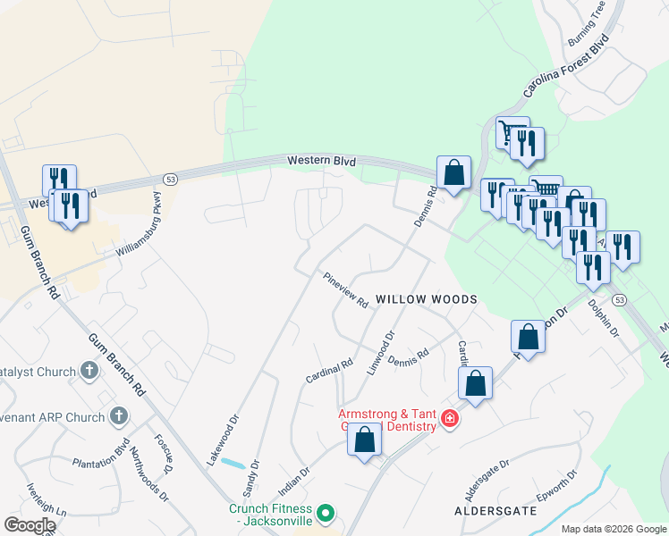 map of restaurants, bars, coffee shops, grocery stores, and more near 206 Pineview Road in Jacksonville