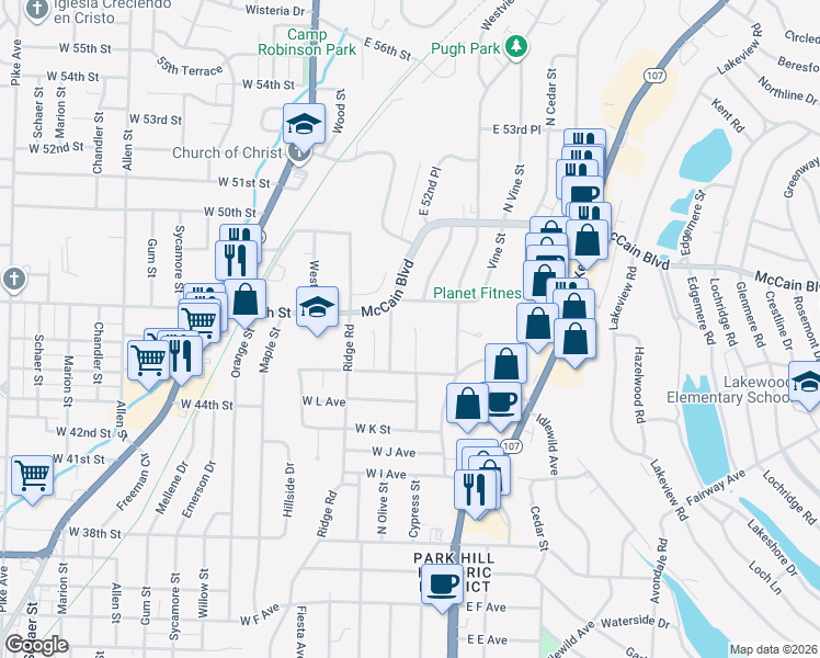 map of restaurants, bars, coffee shops, grocery stores, and more near 4513 N Cypress St in North Little Rock