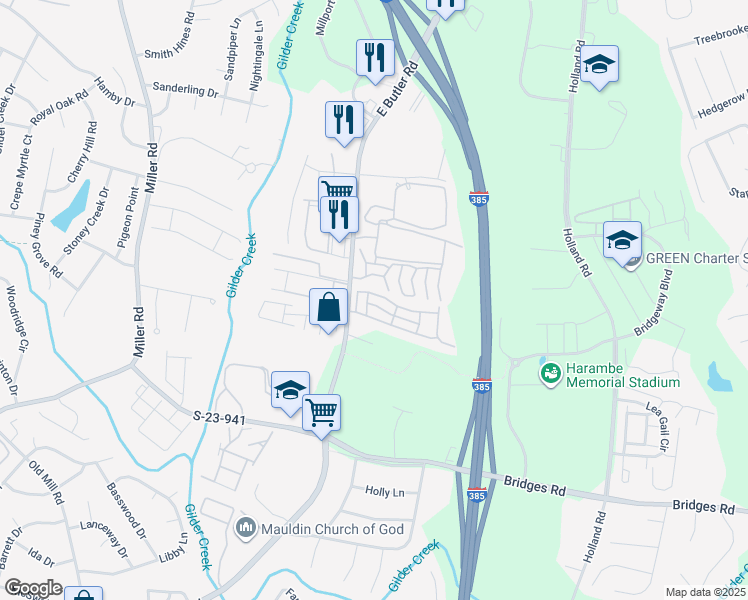 map of restaurants, bars, coffee shops, grocery stores, and more near 110 Alburn Top Lane in Mauldin
