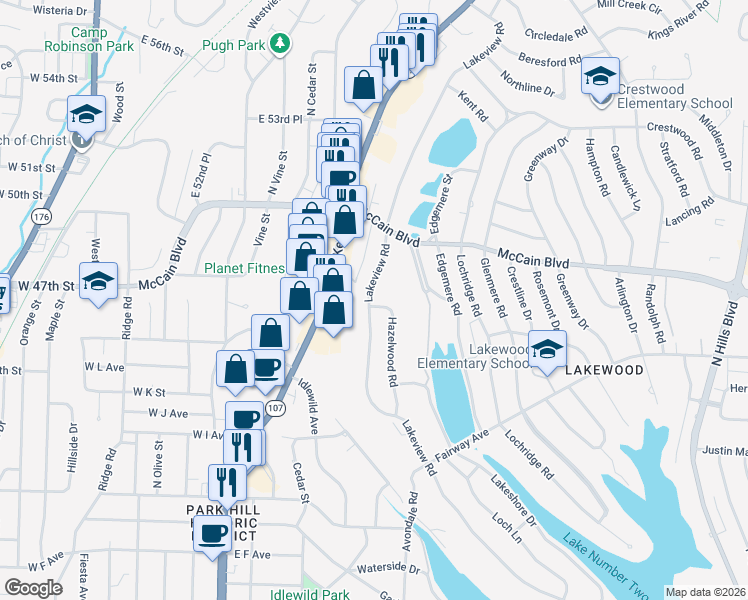 map of restaurants, bars, coffee shops, grocery stores, and more near 4601 Lakeview Road in North Little Rock