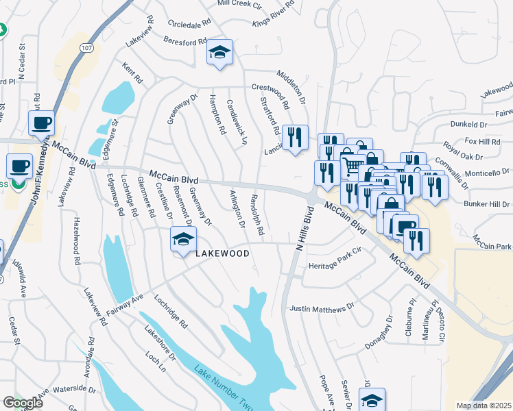 map of restaurants, bars, coffee shops, grocery stores, and more near 4509 Randolph Road in North Little Rock