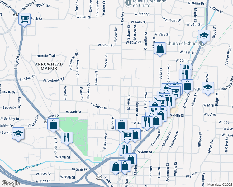 map of restaurants, bars, coffee shops, grocery stores, and more near 4611 Pike Avenue in North Little Rock