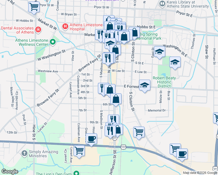 map of restaurants, bars, coffee shops, grocery stores, and more near 300 West Forrest Street in Athens