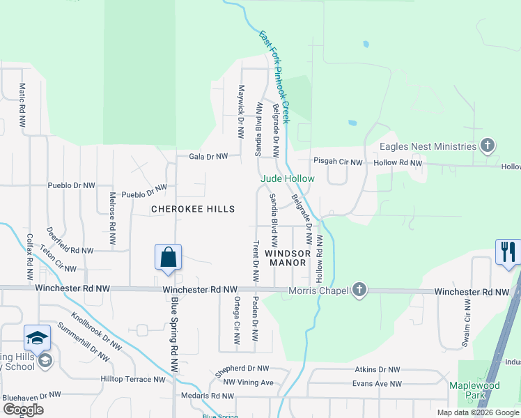 map of restaurants, bars, coffee shops, grocery stores, and more near 6106 Trent Drive Northwest in Huntsville