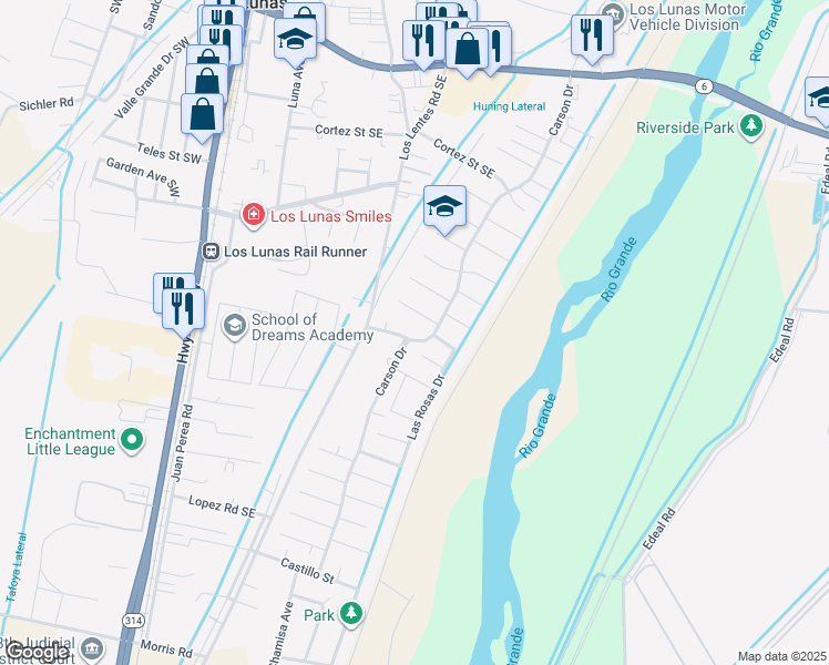 map of restaurants, bars, coffee shops, grocery stores, and more near 1070 Southeast Church in Los Lunas